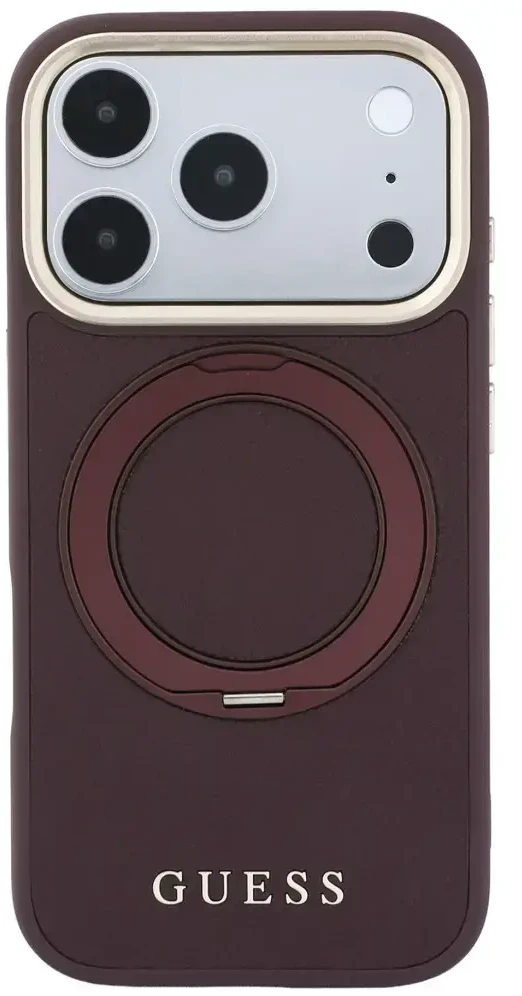 Dėklas Guess Ring Stand 360 Grained Classic Logo MagSafe do iPhone 18 Pro Max / 17 Pro Max bordo spalvos