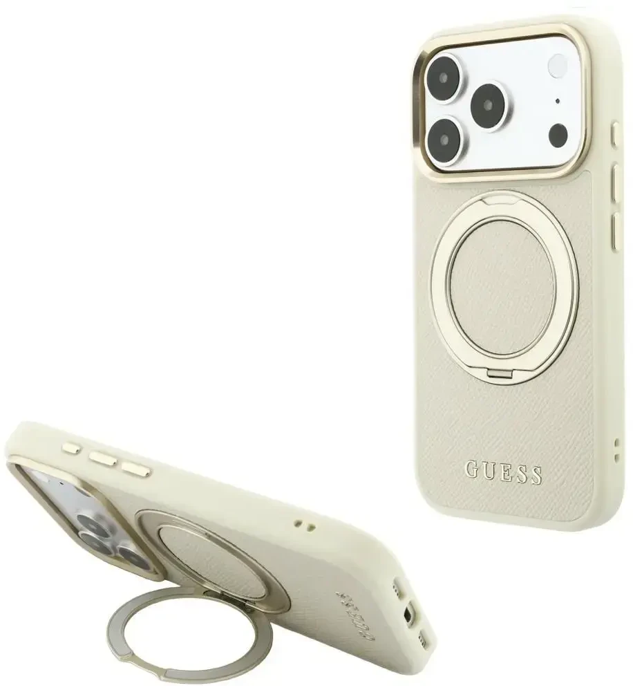 Dėklas Guess Ring Stand 360 Grained Classic Logo MagSafe do iPhone 18 Pro Max / 17 Pro Max smėlio spalva