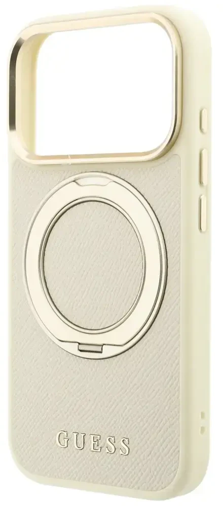Dėklas Guess Ring Stand 360 Grained Classic Logo MagSafe do iPhone 18 Pro Max / 17 Pro Max smėlio spalva