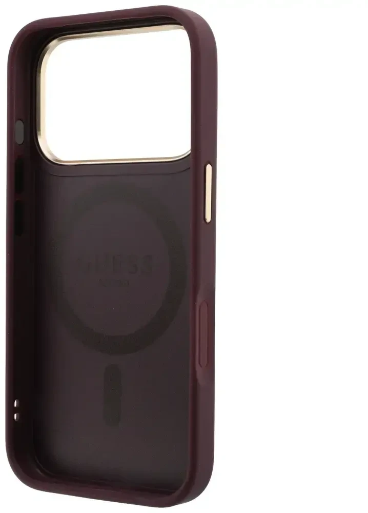Dėklas Guess Ring Stand 360 Grained Classic Logo MagSafe do iPhone 18 Pro / 17 Pro bordo spalvos