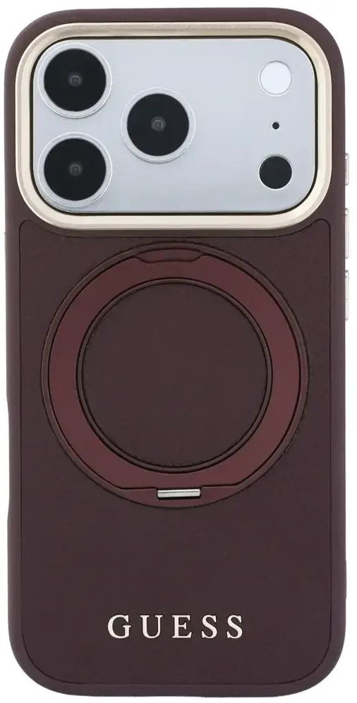 Dėklas Guess Ring Stand 360 Grained Classic Logo MagSafe do iPhone 18 Pro / 17 Pro bordo spalvos