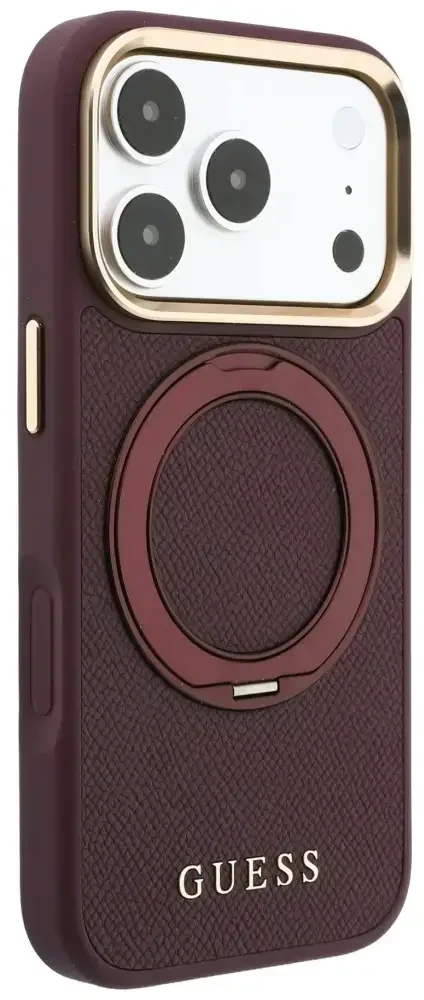 Dėklas Guess Ring Stand 360 Grained Classic Logo MagSafe do iPhone 18 Pro Max / 17 Pro Max bordo spalvos