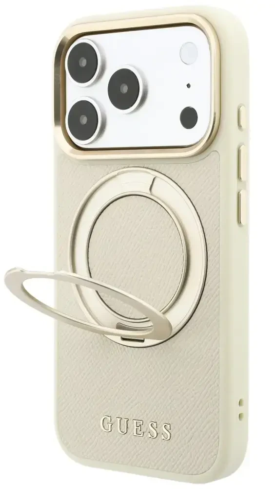 Dėklas Guess Ring Stand 360 Grained Classic Logo MagSafe do iPhone 18 Pro Max / 17 Pro Max smėlio spalva