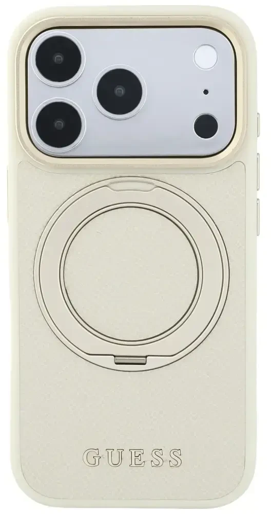 Dėklas Guess Ring Stand 360 Grained Classic Logo MagSafe do iPhone 18 Pro Max / 17 Pro Max smėlio spalva