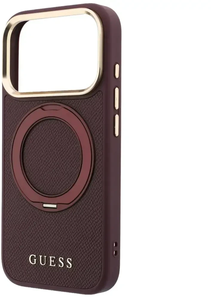 Dėklas Guess Ring Stand 360 Grained Classic Logo MagSafe do iPhone 18 Pro / 17 Pro bordo spalvos
