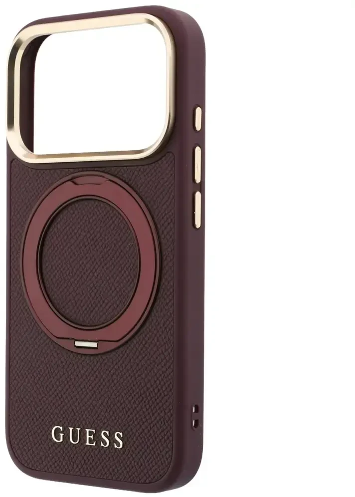 Dėklas Guess Ring Stand 360 Grained Classic Logo MagSafe do iPhone 18 Pro Max / 17 Pro Max bordo spalvos