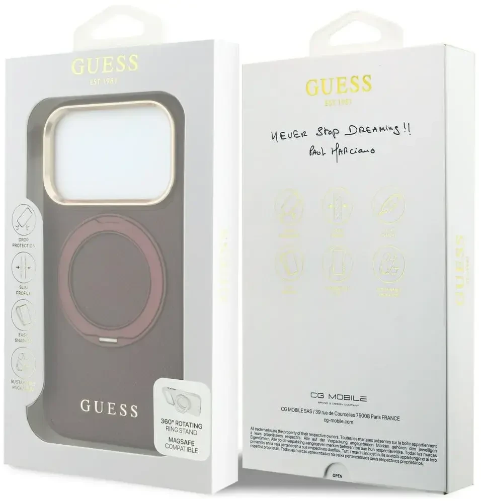 Dėklas Guess Ring Stand 360 Grained Classic Logo MagSafe do iPhone 18 Pro / 17 Pro bordo spalvos