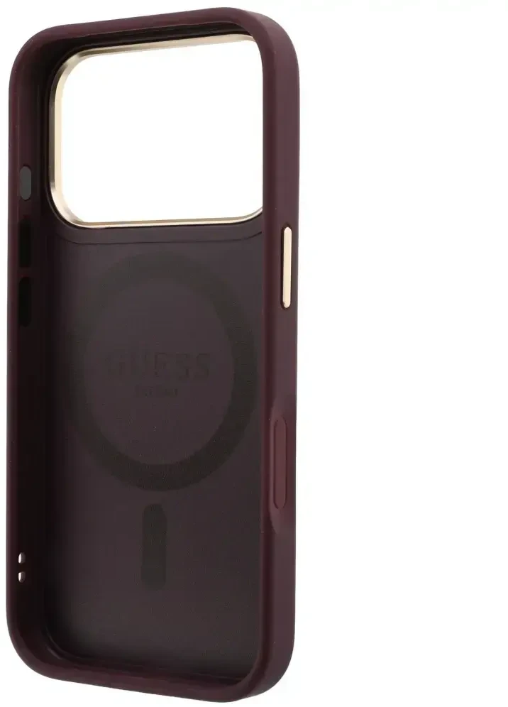 Dėklas Guess Ring Stand 360 Grained Classic Logo MagSafe do iPhone 18 Pro Max / 17 Pro Max bordo spalvos