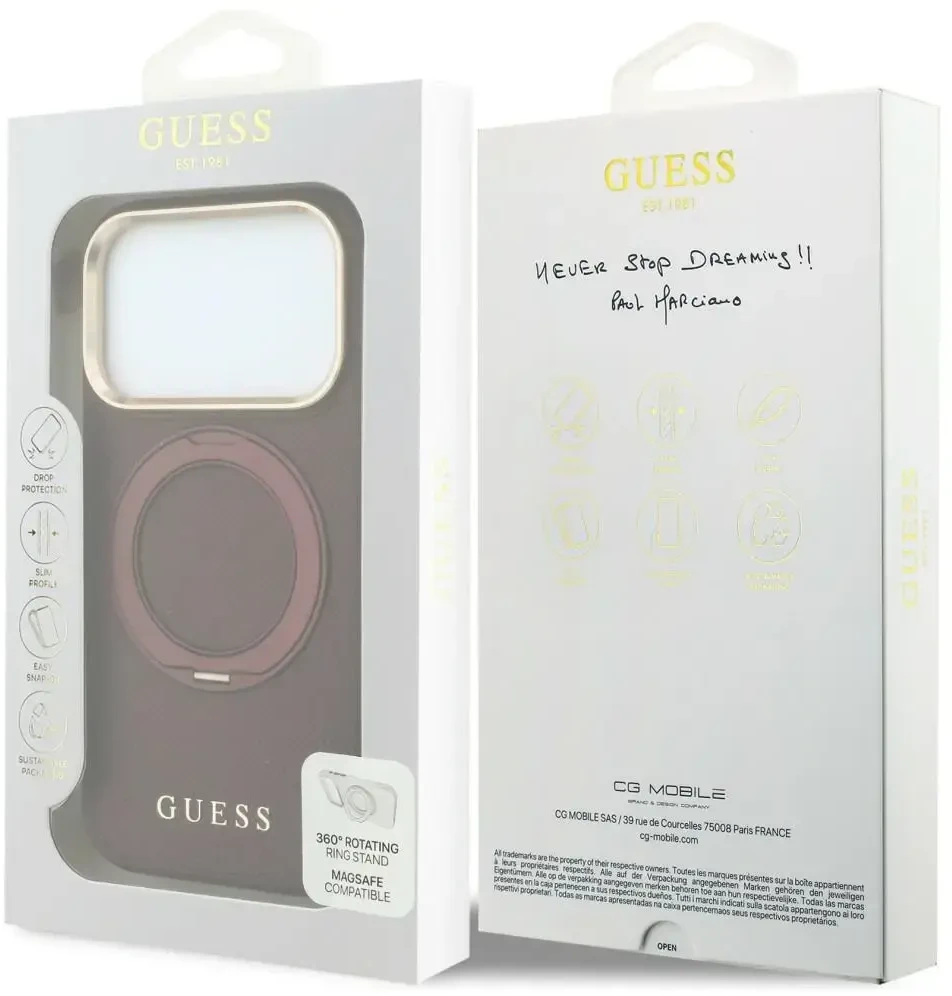 Dėklas Guess Ring Stand 360 Grained Classic Logo MagSafe do iPhone 18 Pro Max / 17 Pro Max bordo spalvos
