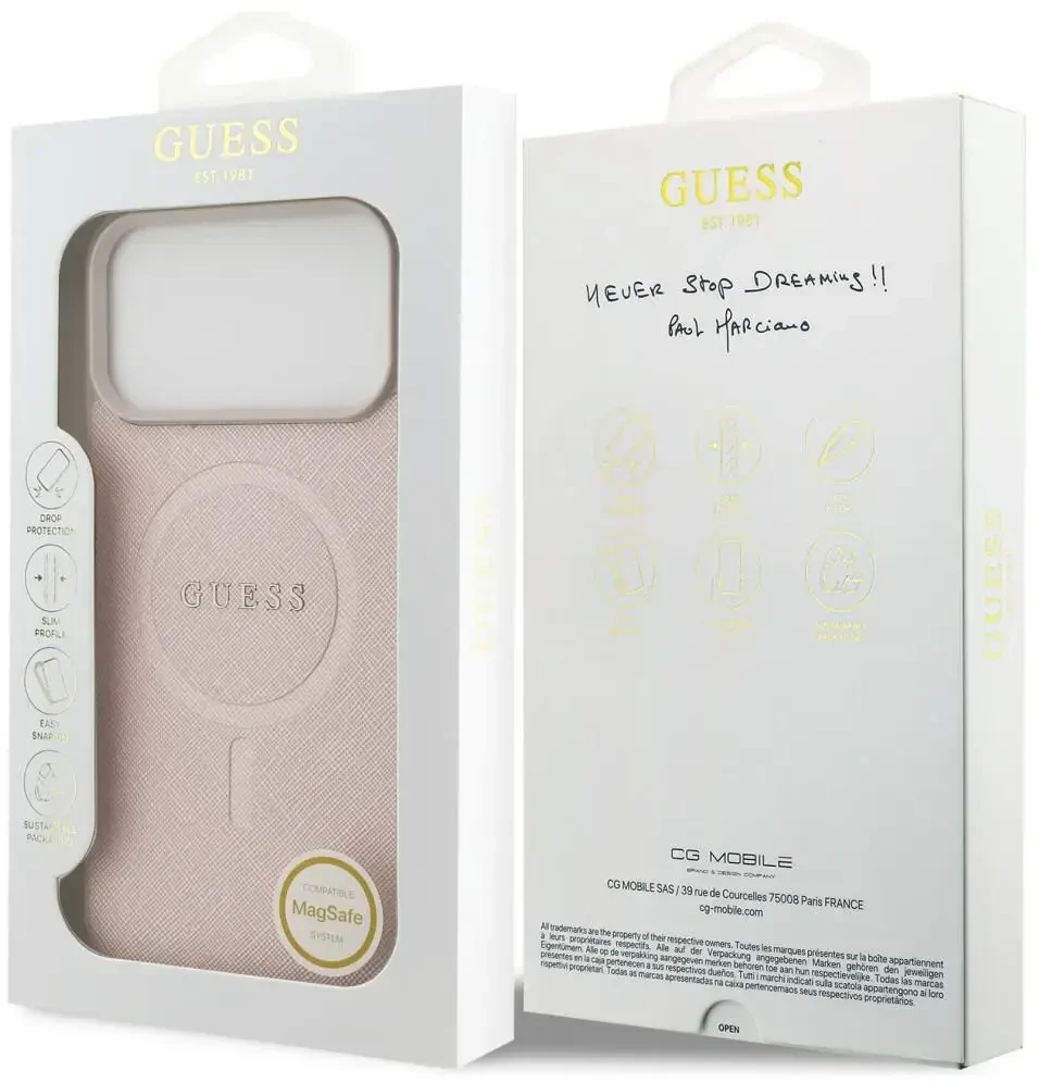Dėklas Guess Saffiano Classic Logo MagSafe do iPhone 18 Pro Max / iPhone 17 Pro Max rožinė