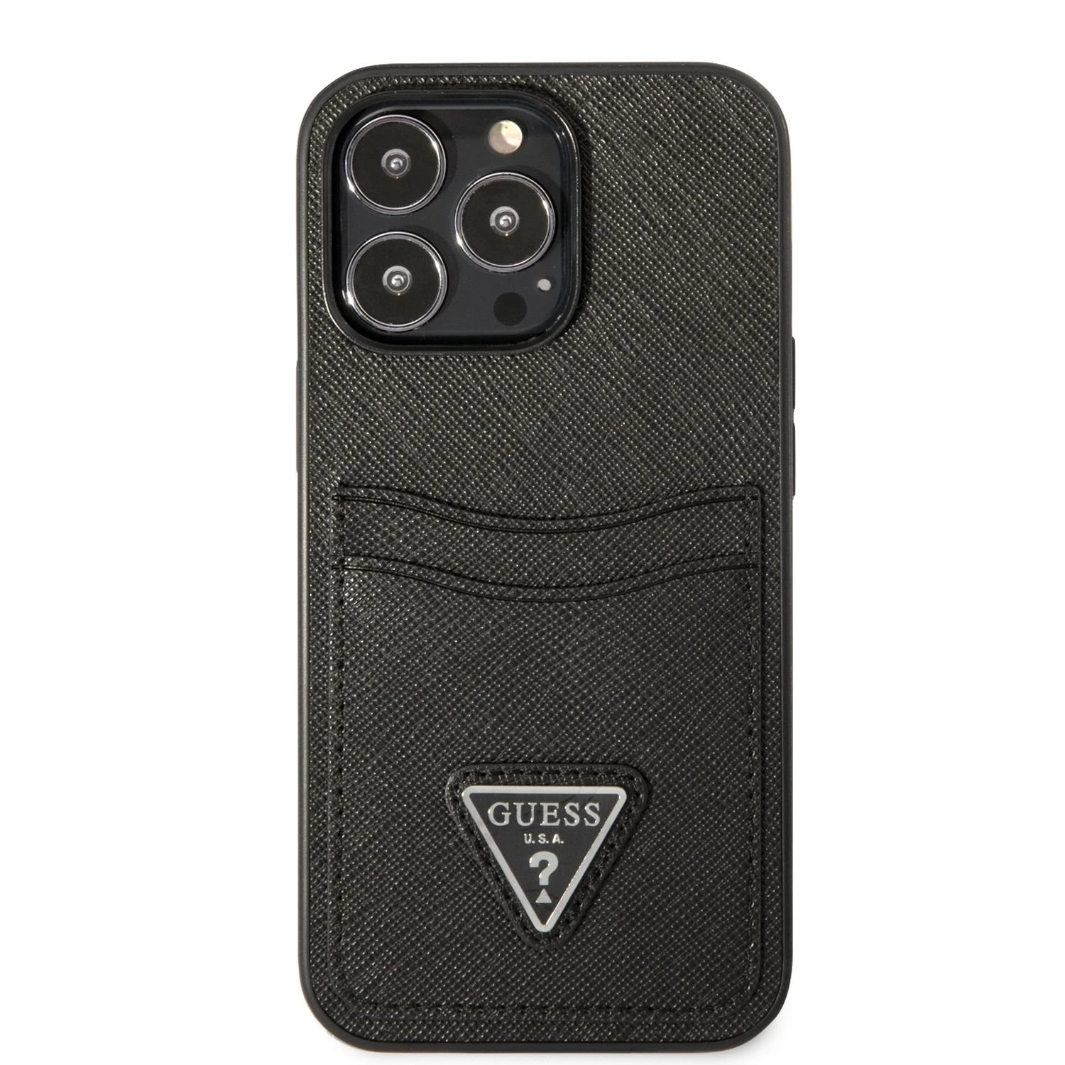 Dėklas Guess GUHCP13LPSATPK iPhone 13 Pro / 13 6,1" juoda/juodas hardcase SaffianoTriangle Logo Cardslot