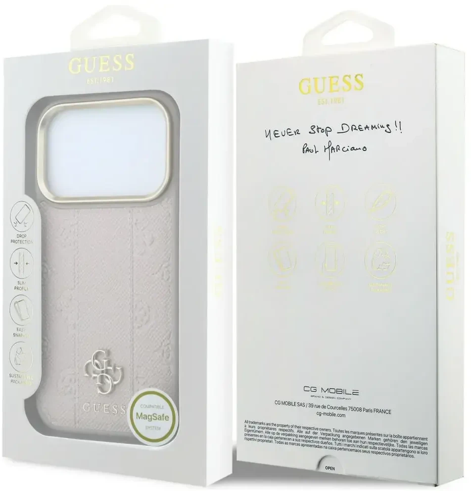 Dėklas Guess Stripe Peony 4G Logo MagSafe skirtas Iphone 18 Pro Max/ 17 Pro Max rožinės spalvos