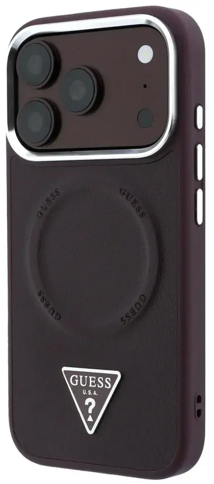 Dėklas Guess Triangle Logo MagSafe skirtas iPhone 18 Pro / 17 Pro bordo spalvos