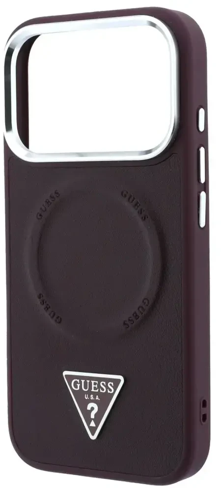 Dėklas Guess Triangle Logo MagSafe skirtas iPhone 18 Pro / 17 Pro bordo spalvos