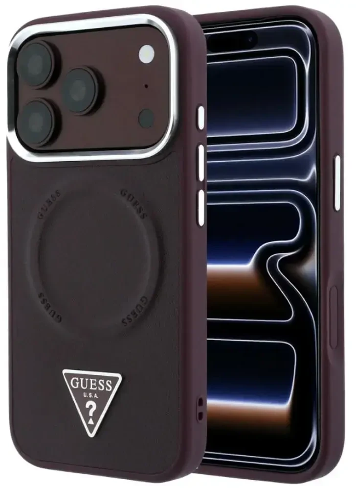 Dėklas Guess Triangle Logo MagSafe skirtas iPhone 18 Pro / 17 Pro bordo spalvos