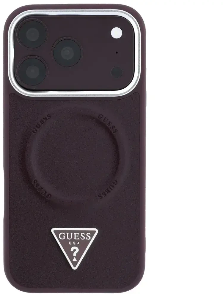 Dėklas Guess Triangle Logo MagSafe skirtas iPhone 18 Pro / 17 Pro bordo spalvos