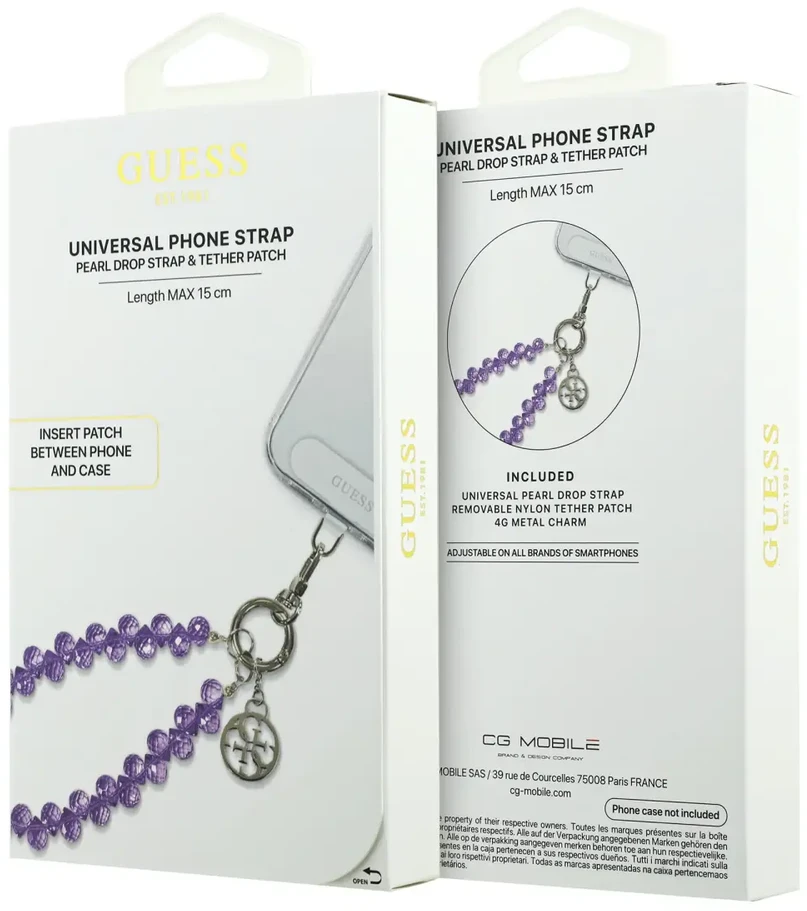 Dėklas Guess universalus riešo dirželis su kristalais 4G Charm violetinis