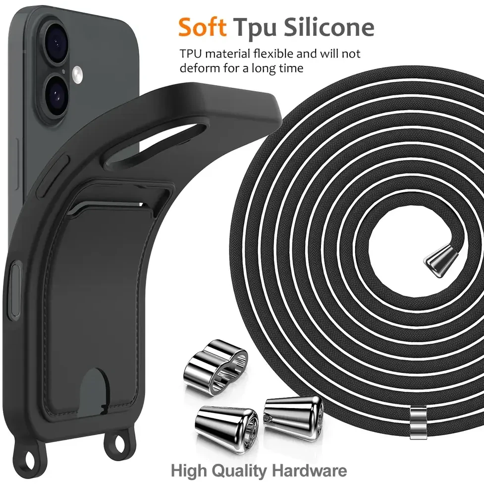 Dėklas Hurtel iPhone 17 TPU Case with Card Holder and Crossbody Lanyard - Juodas
