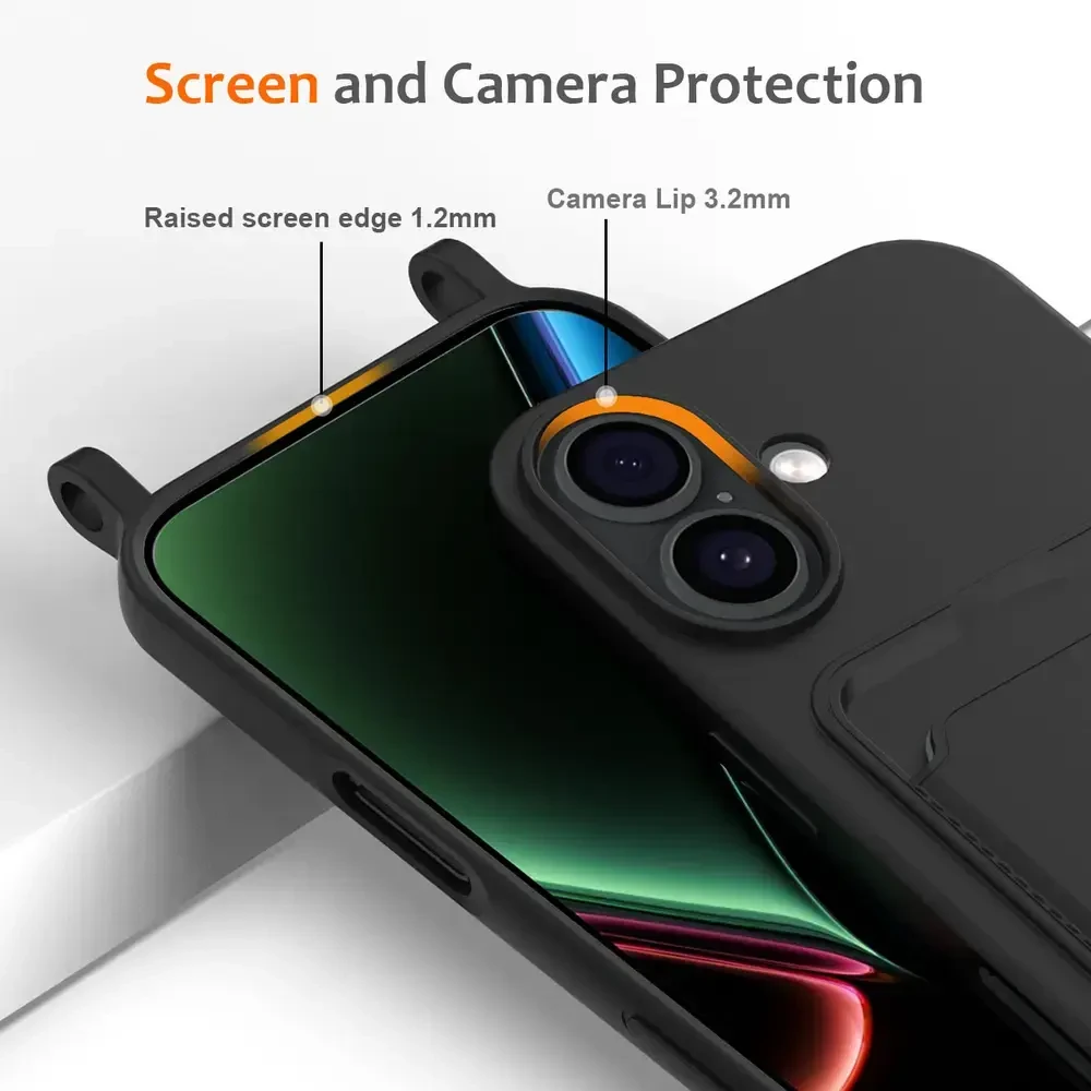 Dėklas Hurtel iPhone 17 TPU Case with Card Holder and Crossbody Lanyard - Juodas