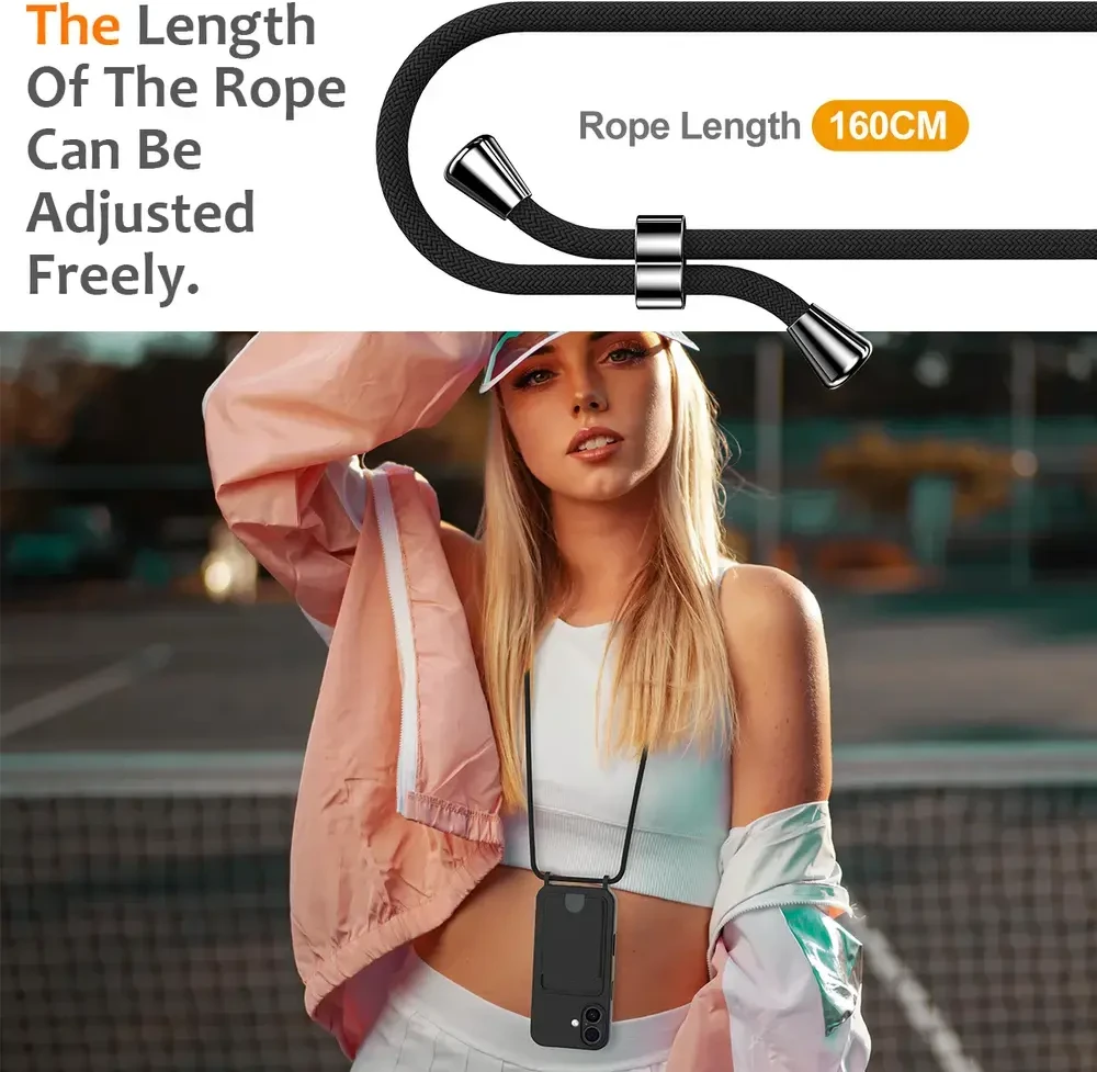 Dėklas Hurtel iPhone 17 TPU Case with Card Holder and Crossbody Lanyard - Juodas