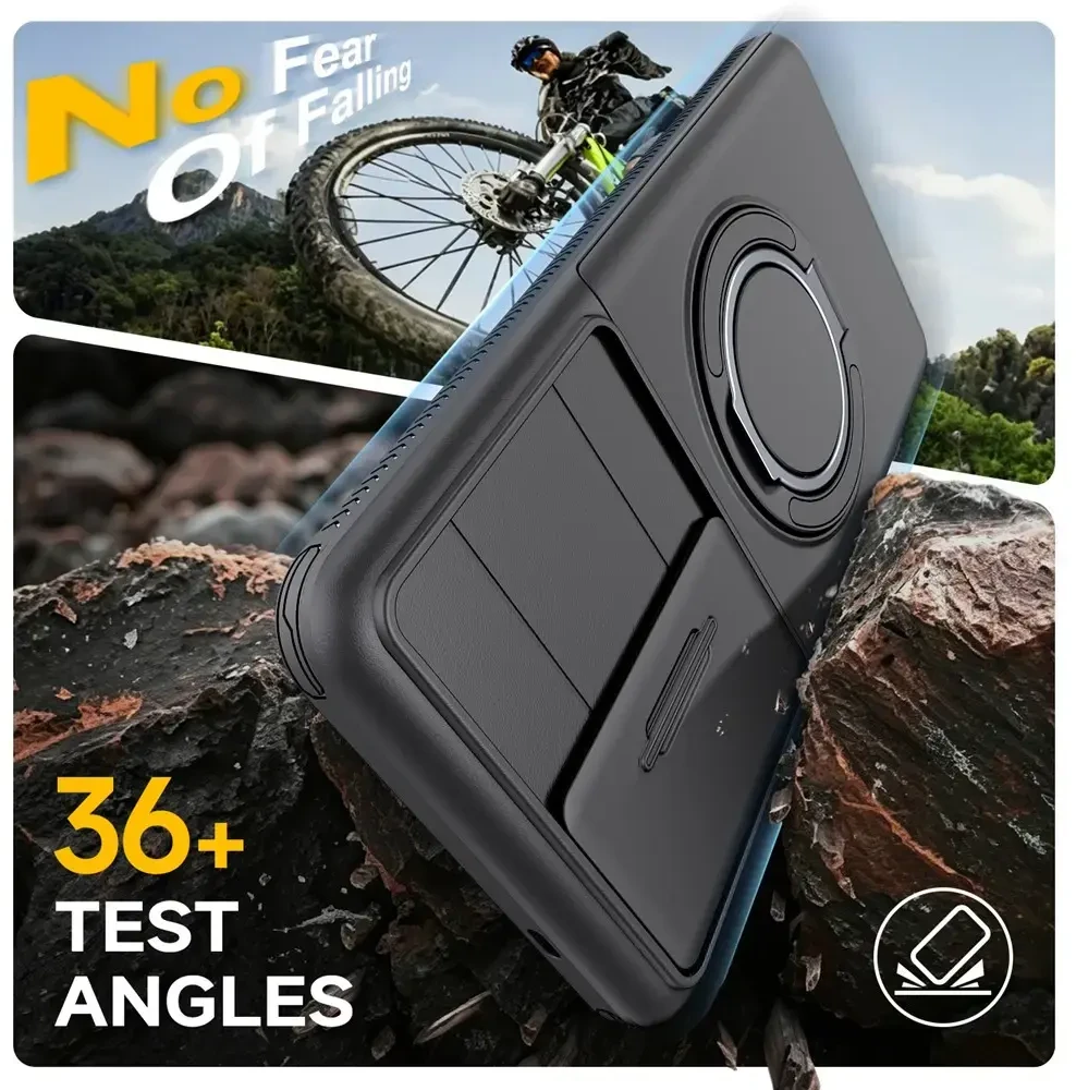 Hurtel Samsung Galaxy S26 Ultra magnetinis dėklas su 360° metaliniu žiedu ir kameros dangteliu - Juodas
