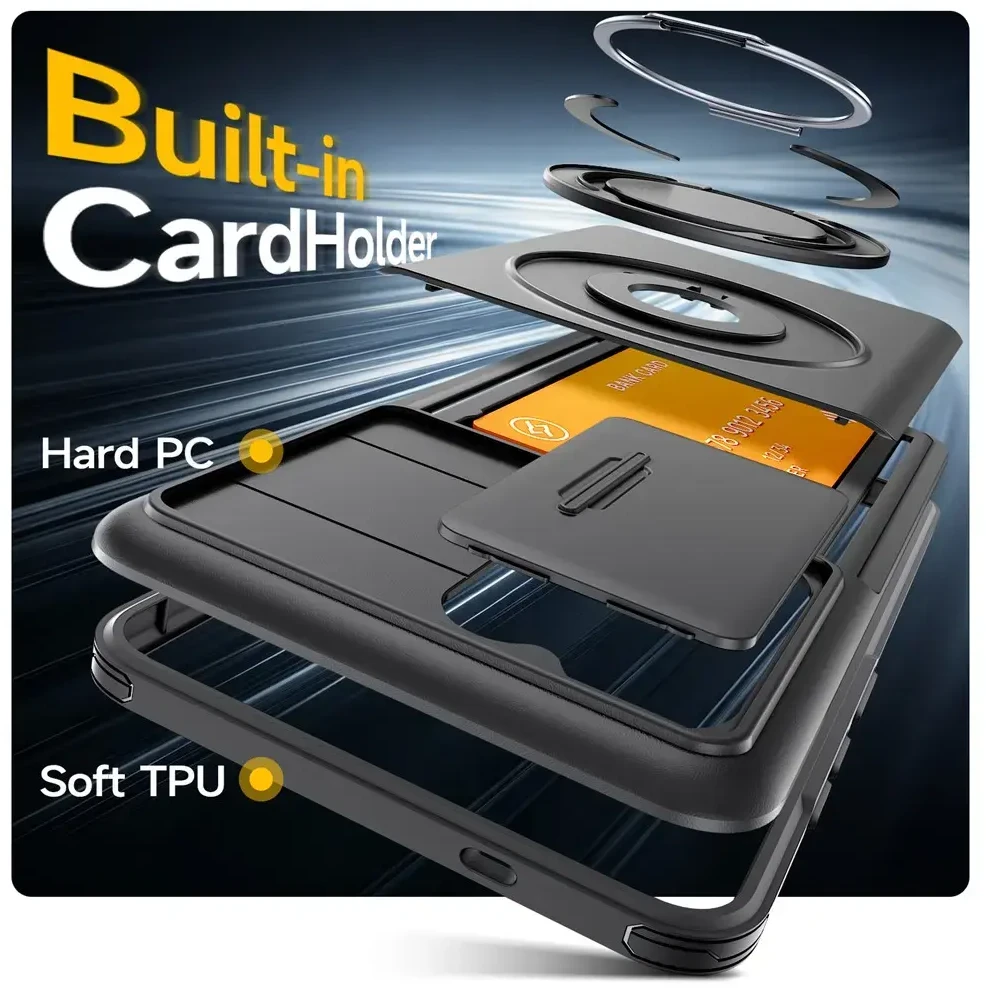 Hurtel Samsung Galaxy S26 Ultra magnetinis dėklas su 360° metaliniu žiedu ir kameros dangteliu - Juodas