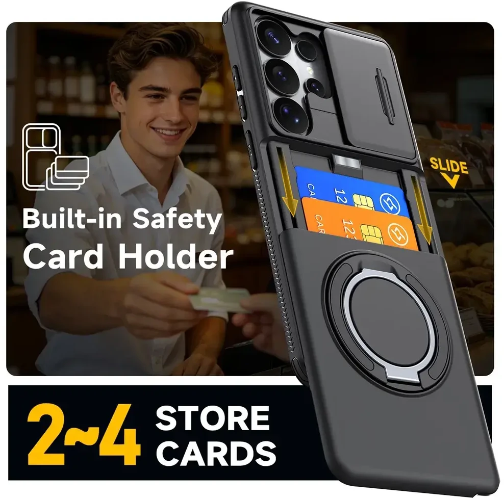 Hurtel Samsung Galaxy S26 Ultra magnetinis dėklas su 360° metaliniu žiedu ir kameros dangteliu - Juodas