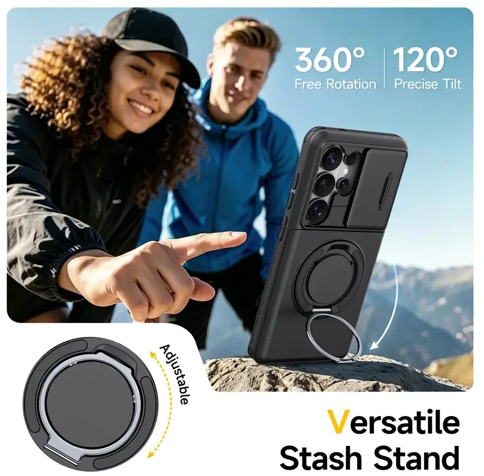 Hurtel Samsung Galaxy S26 Ultra magnetinis dėklas su 360° metaliniu žiedu ir kameros dangteliu - Juodas