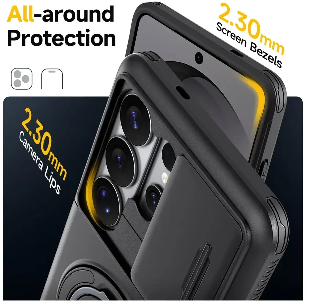 Hurtel Samsung Galaxy S26 Ultra magnetinis dėklas su 360° metaliniu žiedu ir kameros dangteliu - Juodas