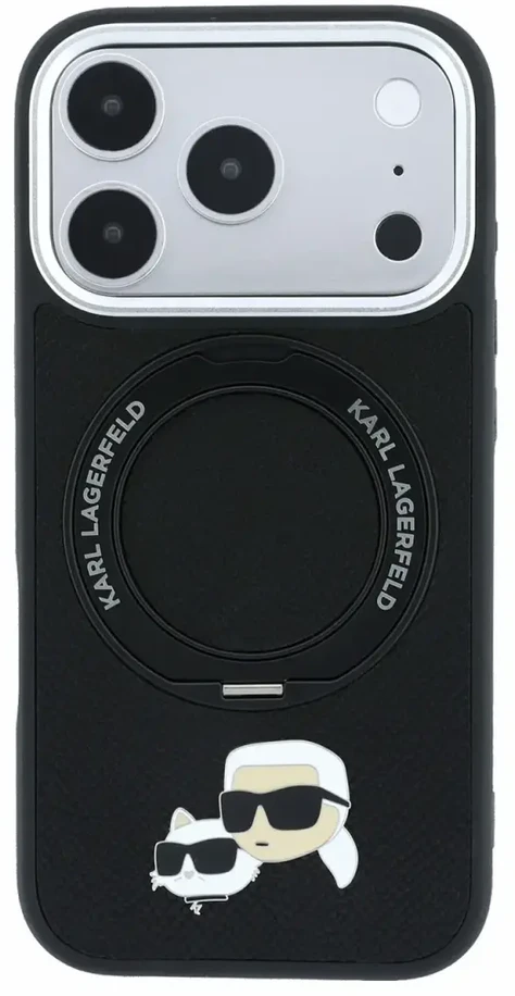 Dėklas Karl Lagerfeld arl Lagerfeld PU Grained K&CH Heads Ring Stand Magsafe Case for iPhone 18 Pro Max Juodas