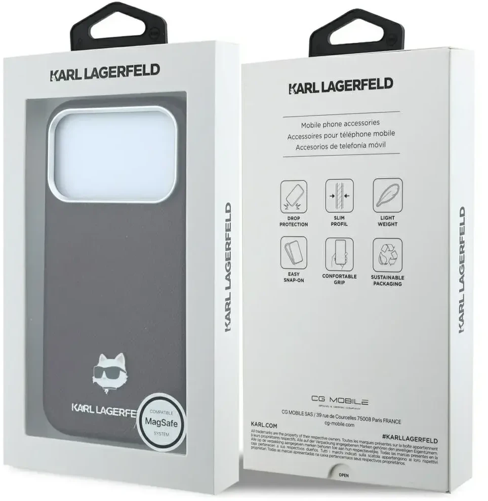 Dėklas Karl Lagerfeld case for IPHONE 18 Pro Max/ 17 Pro Max compatible with MagSafe (Grained Choupette Head Metal) burgund
