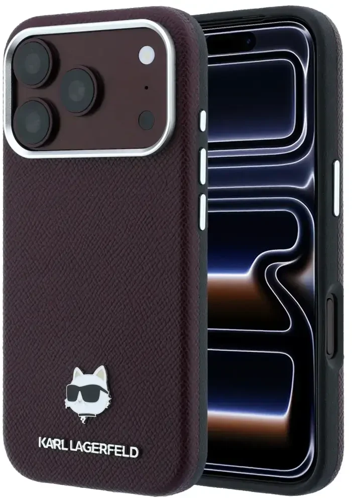 Dėklas Karl Lagerfeld case for IPHONE 18 Pro Max/ 17 Pro Max compatible with MagSafe (Grained Choupette Head Metal) burgund