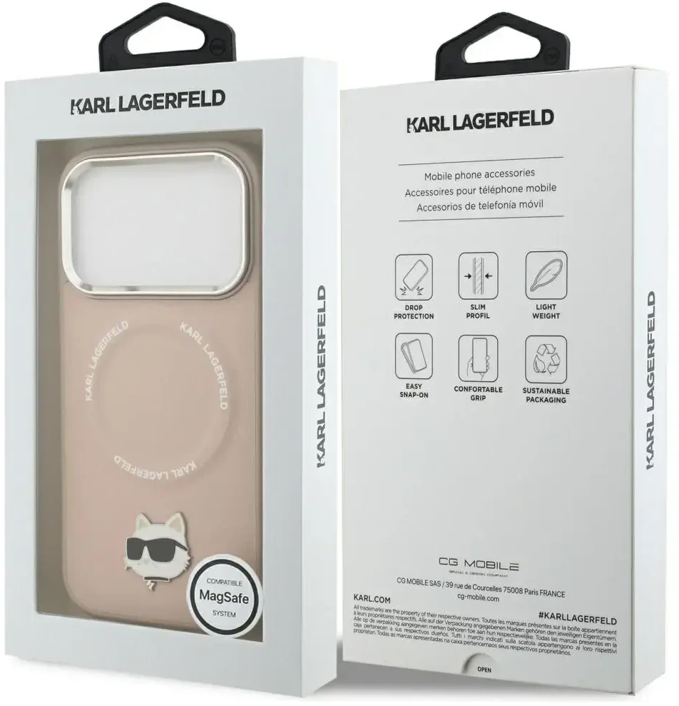 Karl Lagerfeld Choupette Pin MagSafe dėklas skirtas Apple iPhone 17 Pro rožinės spalvos
