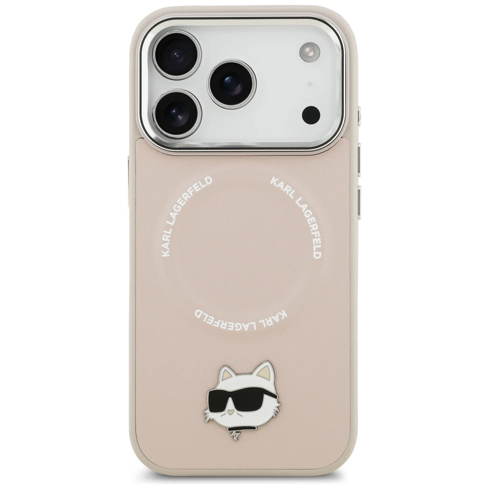 Karl Lagerfeld Choupette Pin MagSafe dėklas iPhone 17 Pro Max rožinės spalvos