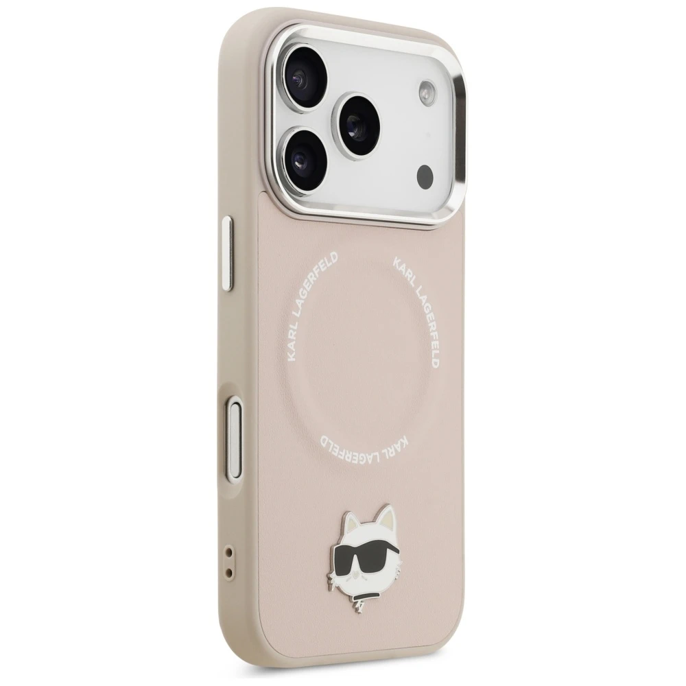 Karl Lagerfeld Choupette Pin MagSafe dėklas iPhone 17 Pro Max rožinės spalvos