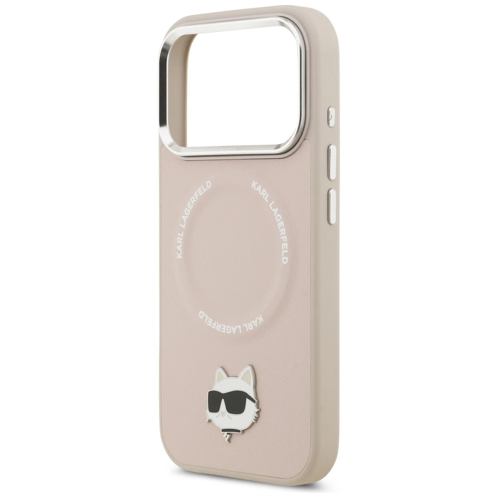 Karl Lagerfeld Choupette Pin MagSafe dėklas iPhone 17 Pro Max rožinės spalvos