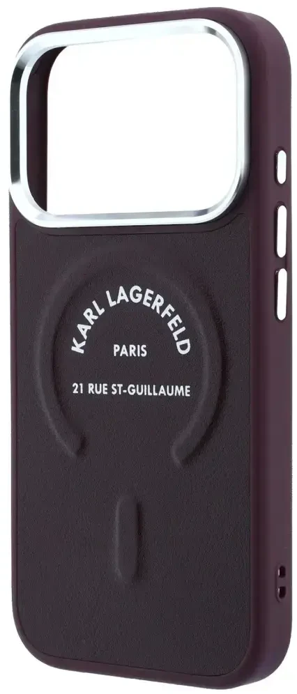 Karl Lagerfeld Embossed Open Ring RSG Logo MagSafe dėklas, skirtas iPhone 18 Pro Max / 17 Pro Max, bordo spalvos