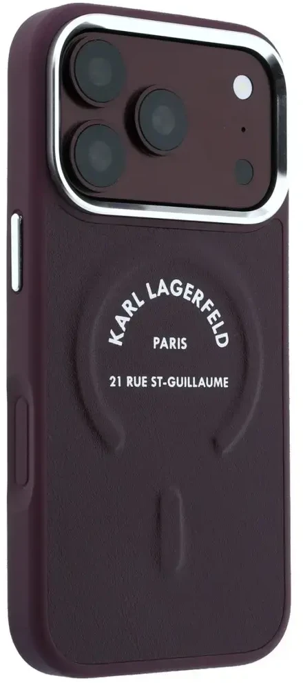 Karl Lagerfeld Embossed Open Ring RSG Logo MagSafe dėklas, skirtas iPhone 18 Pro Max / 17 Pro Max, bordo spalvos