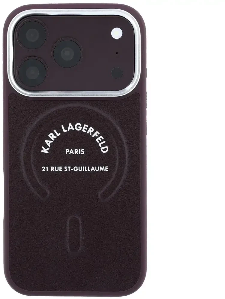 Karl Lagerfeld Embossed Open Ring RSG Logo MagSafe dėklas, skirtas iPhone 18 Pro Max / 17 Pro Max, bordo spalvos