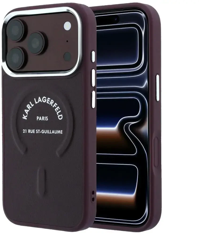 Karl Lagerfeld Embossed Open Ring RSG Logo MagSafe dėklas, skirtas iPhone 18 Pro Max / 17 Pro Max, bordo spalvos