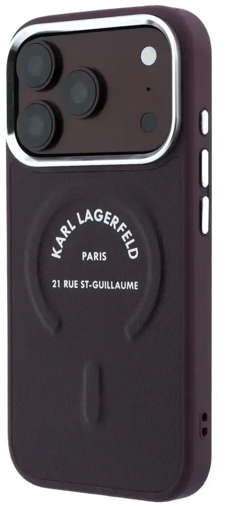 Karl Lagerfeld Embossed Open Ring RSG Logo MagSafe dėklas, skirtas iPhone 18 Pro Max / 17 Pro Max, bordo spalvos