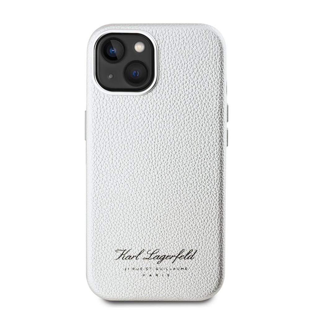 Karl Lagerfeld Grained PU Hotel RSG dėklas telefonui Apple iPhone 15 pilkos spalvos