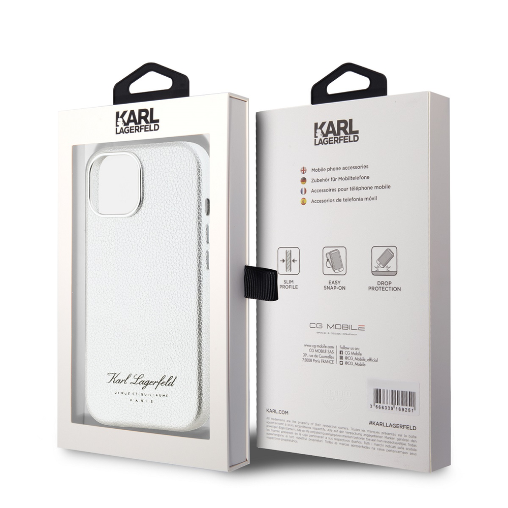 Karl Lagerfeld Grained PU Hotel RSG dėklas telefonui Apple iPhone 15 pilkos spalvos