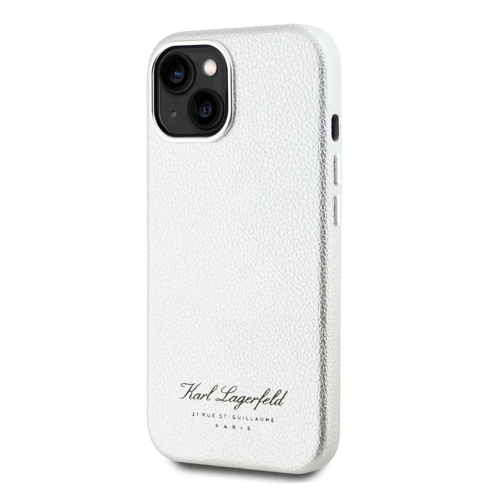 Karl Lagerfeld Grained PU Hotel RSG dėklas telefonui Apple iPhone 15 pilkos spalvos