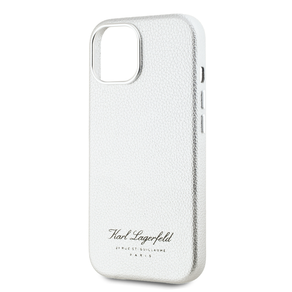 Karl Lagerfeld Grained PU Hotel RSG dėklas telefonui Apple iPhone 15 pilkos spalvos
