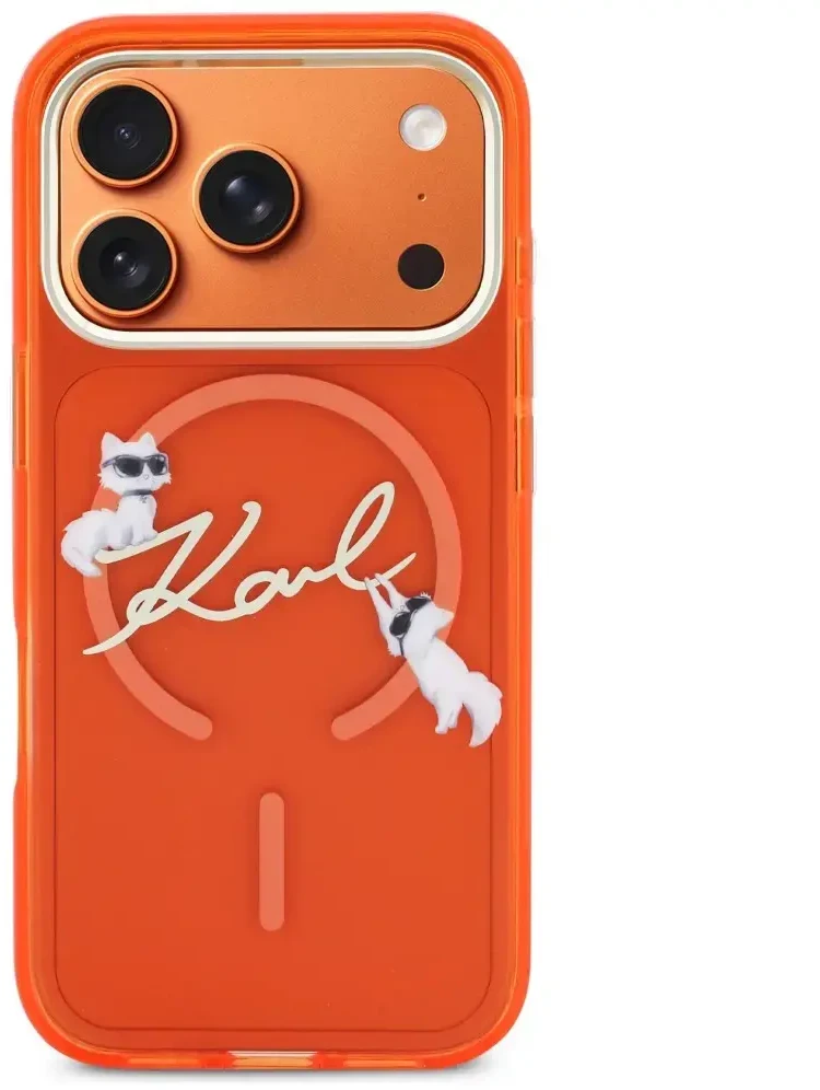 Dėklas Karl Lagerfeld IML Choupettes Karl Script Logo MagSafe Case for iPhone 17 Pro - Oranžinis