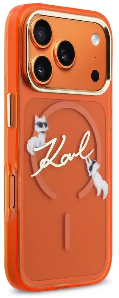 Dėklas Karl Lagerfeld IML Choupettes Karl Script Logo MagSafe Case for iPhone 17 Pro - Oranžinis