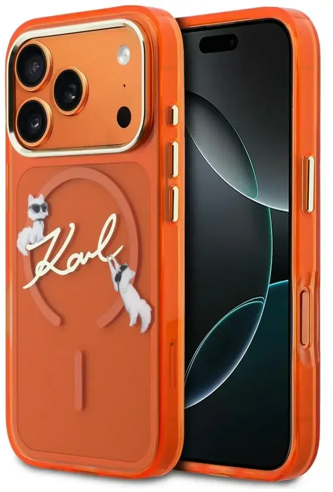Dėklas Karl Lagerfeld IML Choupettes Karl Script Logo MagSafe Case for iPhone 17 Pro - Oranžinis