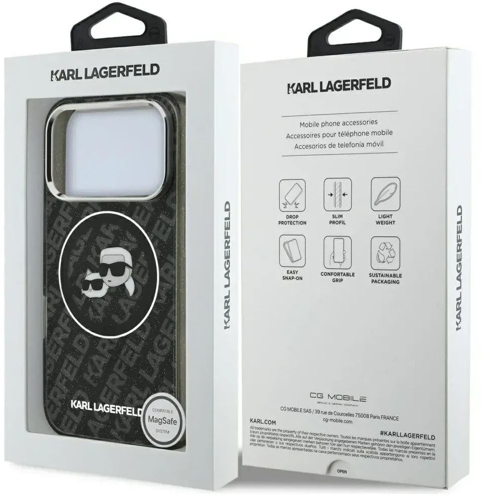 Dėklas Karl Lagerfeld IML Glitter Karl & Choupette Heads Logo MagSafe, skirtas iPhone 17 Pro, juodas