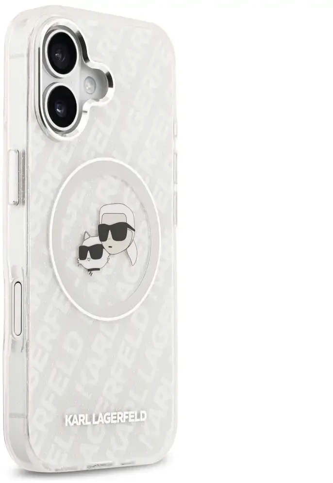Karl Lagerfeld IML Glitter Karl & Choupette Heads Logo MagSafe dėklas skirtas Apple iPhone 17 pilkos spalvos
